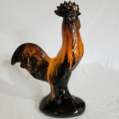 Vintage LARGE Mid Century Orange Drip Glaze Rooster￼ 18 1/2”H x 13”L-image