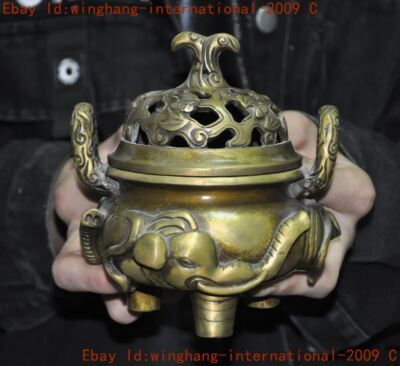 Ancient China Buddhism temple bronze elephant joss Incense burner Censer statue-image