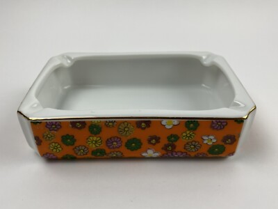 Orange White 1960s Hippie Daisy Patterned Ashtray Rectangle Gold Trim Japan 4.75-image