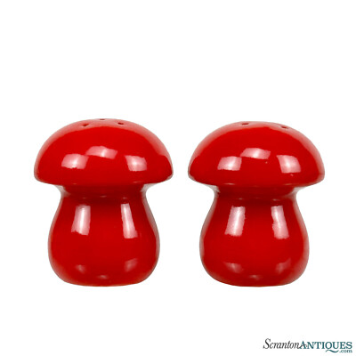 Mid-Century Orange Red Pottery Mushroom Salt & Pepper Shakers - A Pair-image