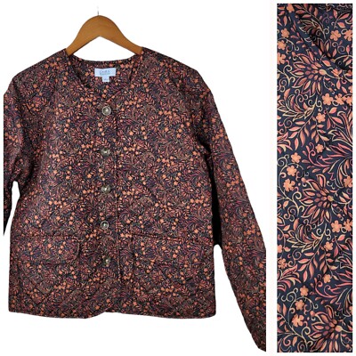 Croft Barrow Quilted Jacket Coat Size Medium Mid-weight Button Up Floral Orange -image
