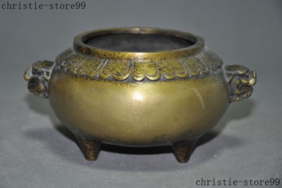 Marked China Ancestral hall joss Lion Foo dog Head Statue Incense burner Censer-image