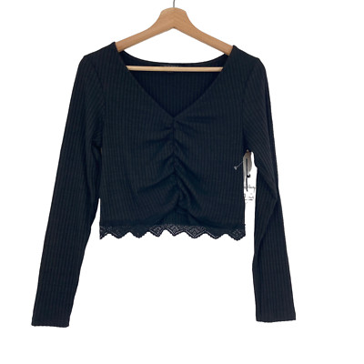 La La Land Creative Co Ribbed Lace Trim Long Sleeve Crop Top in Black -image