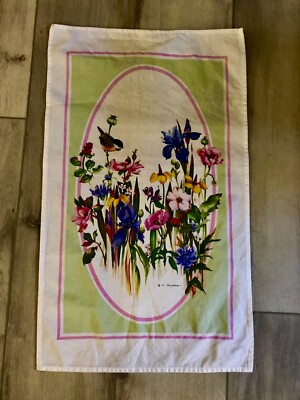 Beautiful, signed, Bird/ Flowers 30/18 Inch Tablerunner By Creative Tea Towel Co-image