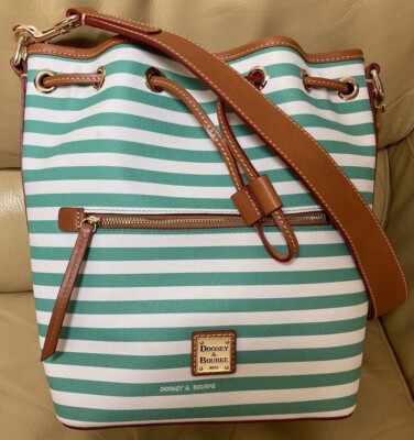 Dooney Bourke Sullivan Striped Green White & Leather Drawstring Bucket Bag-image