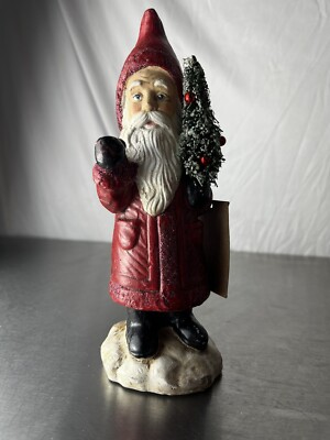 Creative Co-Op 3” Rnd X 7-3/ 4” H Paper Mache Santa w/ Bottle Brush Tree-image