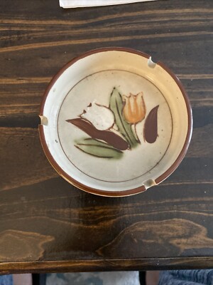 Vintage Stoneware Ashtray  Brown orange  White tulip 5