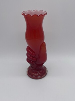 Vintage Cased Glass Red, Orange & White Hand Holding Trumpet VASE 9” Mid Century-image