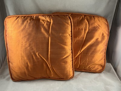 Pair Mid Century Orange Silk Square Throw Pillows Hollywood Regency 15 x 15-image