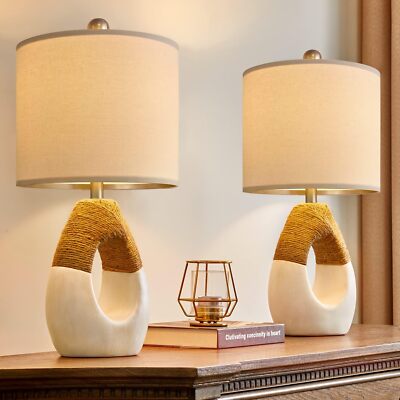 OYEARS Boho Table Lamps Bedroom Living Room Set 2 Small Farmhouse Rattan Tabl...-image