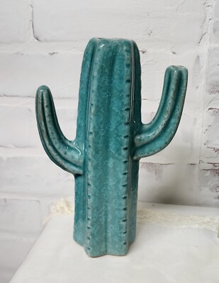 Vintage Saguaro Aqua Green Ceramic Cactus 8 Inch Vase By Creative Co-op EUC -image
