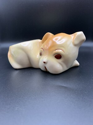 Vintage Mid Century cute puppy shaped mini planter vase Japan Cream base orange -image