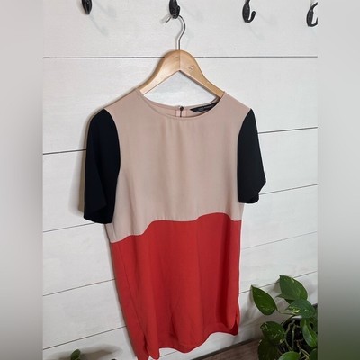 Zara Beige Scarlet Red-Orange Black Colorblock Short Sleeve Shift Dress, Medium-image
