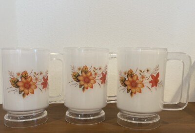 3 Mid Century Modern Vtg Plastic Floral Cups White Orange & Yellow-5