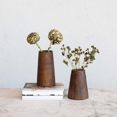 Creative Co-Op Round Reclaimed Wood Vases with Distressed Finish, Brown, Set ...-image