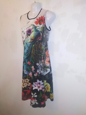 Joss Elegant Sleeveless Peacock Print Knee Length White Mix Dress Size S-image