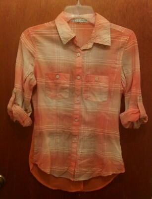 Maurices Orange Fall Plaid Rolled Sleeve Top sz Small S Sheer Back Cute!-image