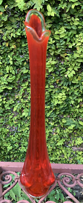Vintage Orange Glass Swung Vase 15.5“ Tall MCM Mid Century Modern -image