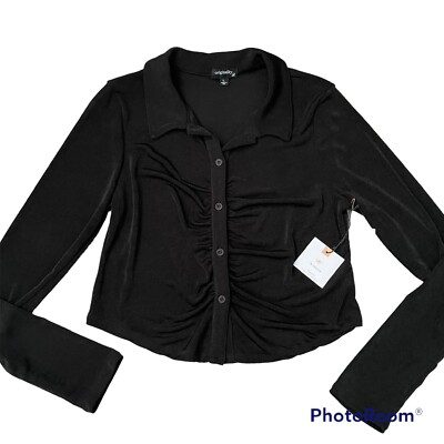 NWT La La Land Creative Co Junior's Size L Shirt Black Shimmer Cropped Style-image