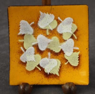 Copper Brass Orange Yellow Enamel MCM Mid Century LEAF PATTERN Mini Plate-image