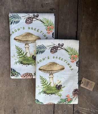 SET OF 2 CREATIVE CO OP MUSHROOM KITCHEN TOWELS SEASONS GREETINGS NWT-image