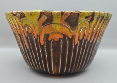 Vintage MCM Mid-Century Modern Brown/ Orange/ Yellow Drip Glaze #2007 Bowl USA-image
