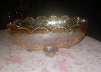 Carnival Glass Bowl Pale Orange Iridescent Footed Oval Bowl-image