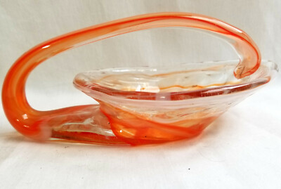 Mid Century Hand Blown Art Glass Orange Clear Swan Coin Candy Dish Bowl 7