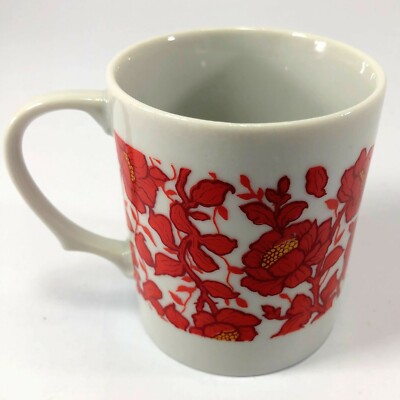 Mid Century Vintage Coffee Mug Cups Fine China Japan Red Orange Flowers 8 oz-image