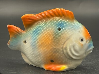 Mid century, ceramic, orange/ blue fish, salt shaker, Japan-image