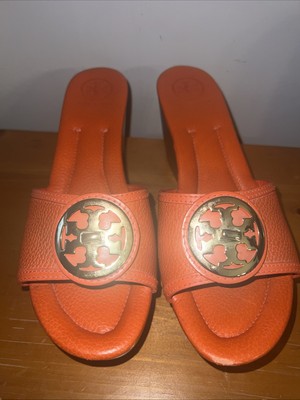 Tory Burch Elina Gold Logo Orange Leather Mid-Wedge Slide Sandals Women's US9.5-image
