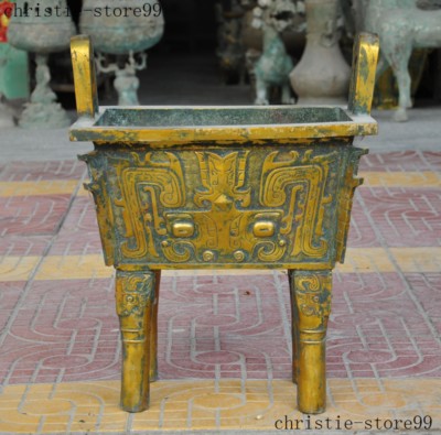 Old China Dynasty joss Bronze Ware Gilt Beast Face Tripod Incense burner Censer-image