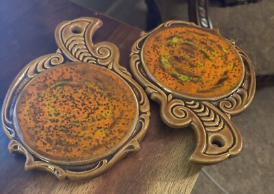 Vtg, Mid Century Orange, Golds, Etc. Ceramic trivets. USA California. #4055.-image