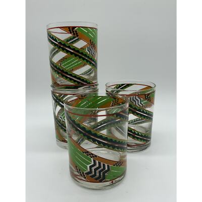 Vntg Mid Century Modern 4 Cira Cora Rocks Glasses Southwest Green Orange Aztec-image