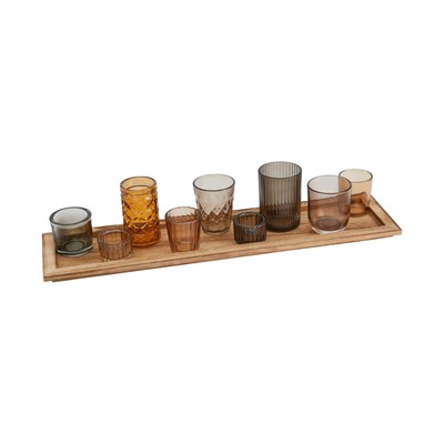 Creative Co-Op Wood Tray with 9 Brown Glass Votive Holders (Set of 10 Pieces)-image