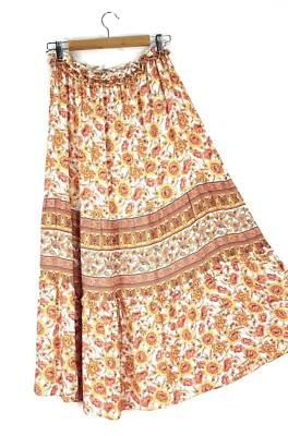 Hippie Boho Floral Maxi Skirt Size 12  Orange Ruffles Beach Festival Grunge-image