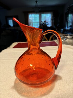 Mid Century Modern Hand Blown Glass Pitcher w/ Handle Controlled Bubbles Orange-image