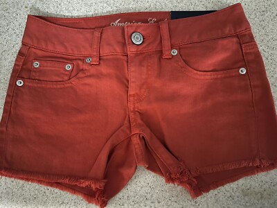 Womens American Eagle Size 00 Distressed Denim Cut Off Shorts Mid Rise, Orange-image