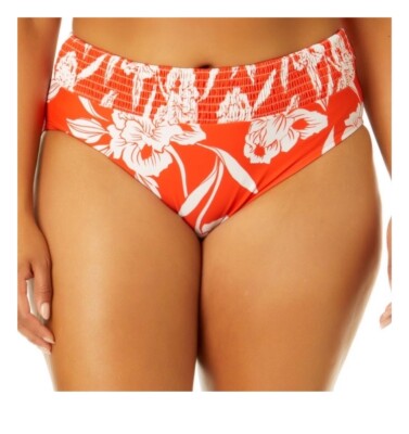 Time and Tru Women's Plus Mid Rise Smocked Swim Bottoms orange summer Vacay 1X-image