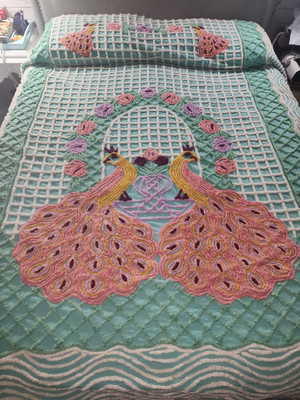 Vintage Chenille Peacock Bed Spread Queen Size Teal Orange Flowers Boho 40s 50s-image