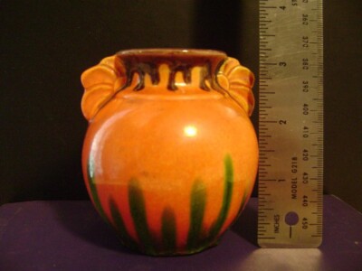 Vintage Mid-Century Japanese Drip-Glaze Orange & Green Ceramic Vase-image