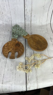 Creative Co-op Mango Hand Carved Wood Floral Engraved Salad Servers-image