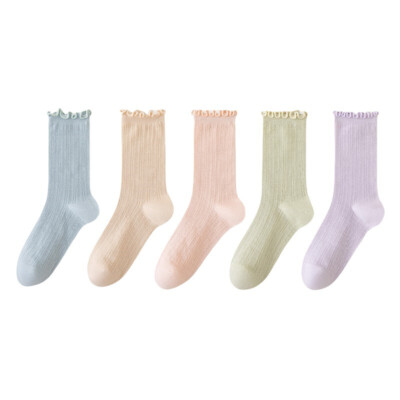 5 Pairs Women Ruffle Edge Short Mesh Socks Cotton Breathable Mid Calf Socked-image