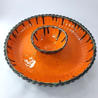 VTG Art Pottery Chip & Dip Set Orange Drip Signed 60 1960 Retro Serveware MCM-image