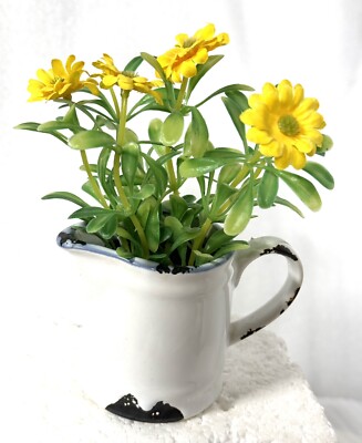 Creative Co-Op Artificial Yellow Flowers in White Distressed Ceramic Pitcher 5”-image