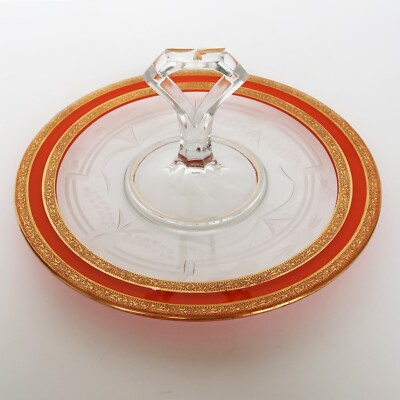Vtg clear glass gold & orange accent MCM tidbit dessert appetizer handled tray-image