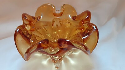 Ruffled Art Glass Bowl Trinket - Orange/Yellow - Mid Century Modern-image