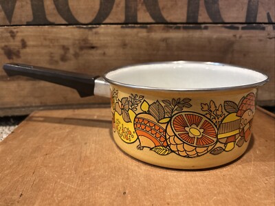 Vintage Mid Century Modern Enamel Saucepan Vegetables Mushrooms Orange Yellow-image
