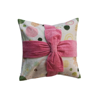 , Multicolor Square Cotton Printed Pillow with Pattern and Velvet Applique Bow-image