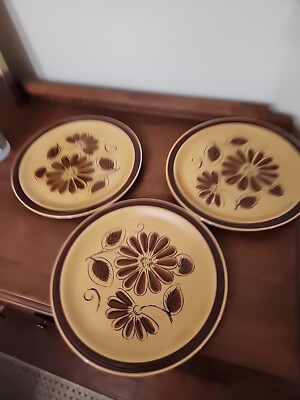 La Mesa Stoneware Brown Band Brown Flower set of 3 Dinner Plates Made in Japan-image